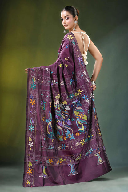 Wine purple floral motif handcrafted silk kantha saree rich adorned 5