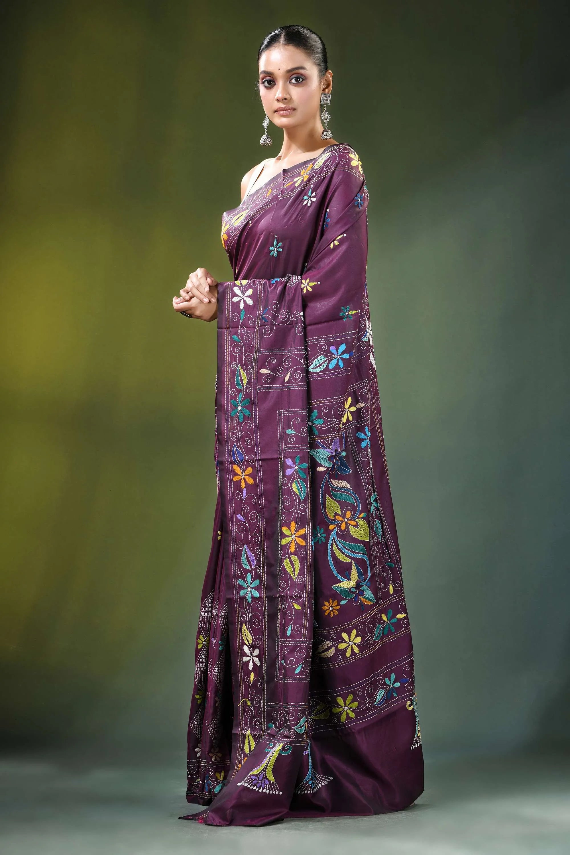 Wine purple floral motif handcrafted silk kantha saree rich adorned intricate 3