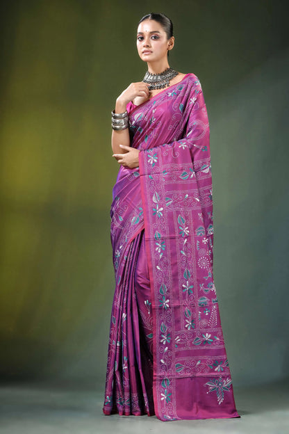 Wine purple folk art handcrafted silk kantha saree vibrant magenta intricate floral 6