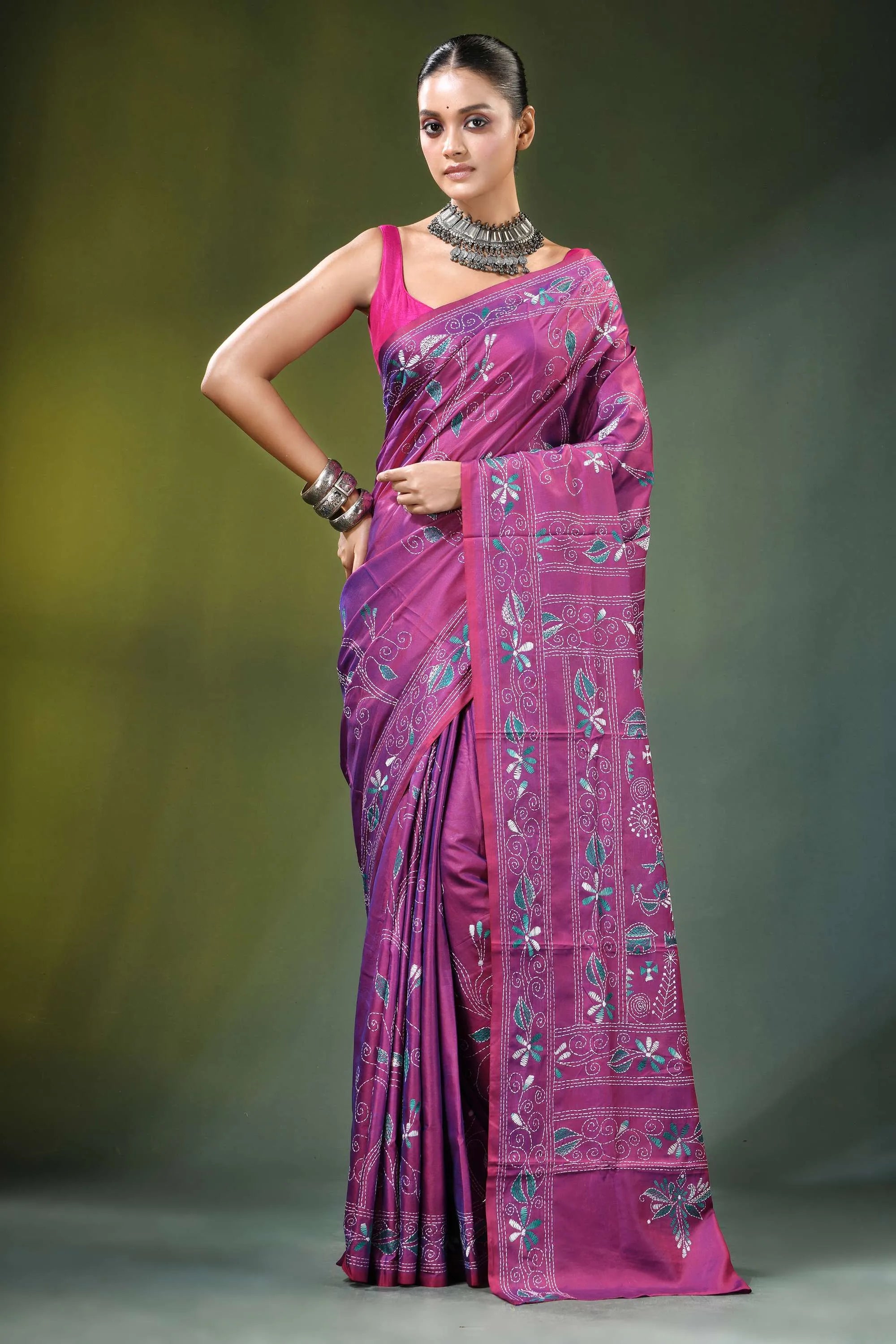 Wine purple folk art handcrafted silk kantha saree vibrant magenta adorned 1