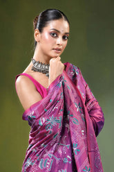 Wine purple folk art handcrafted silk kantha saree woman wears vibrant magenta 2