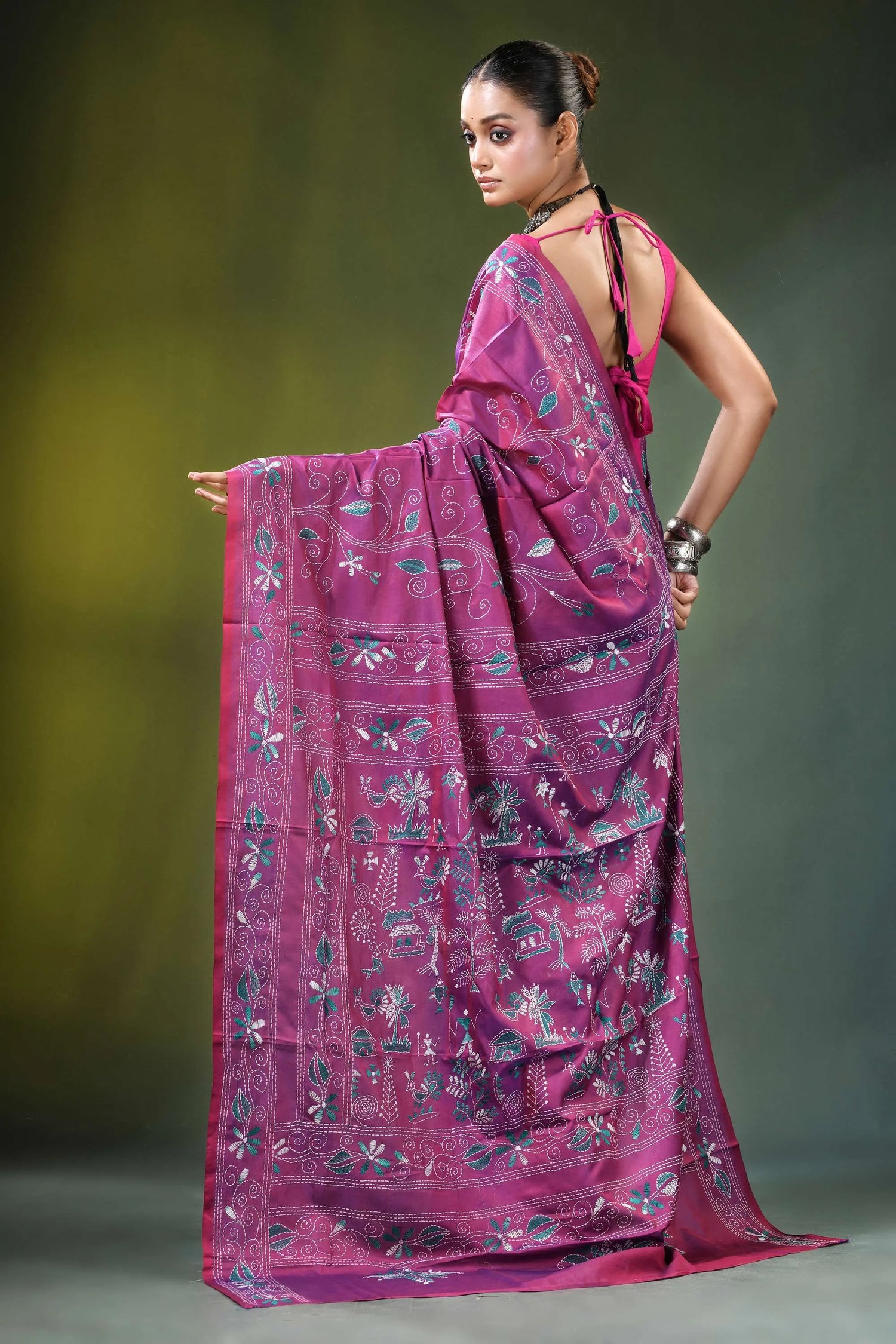 Wine purple folk art handcrafted silk kantha saree vibrant magenta intricate floral 5