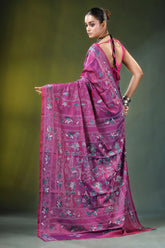 Wine purple folk art handcrafted silk kantha saree vibrant magenta intricate floral 5