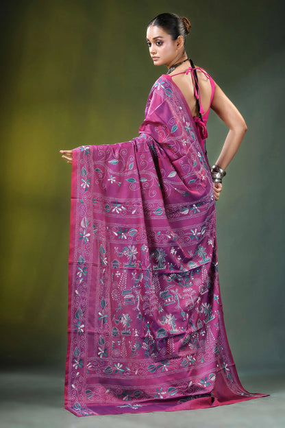 Wine purple folk art handcrafted silk kantha saree vibrant magenta intricate floral 5