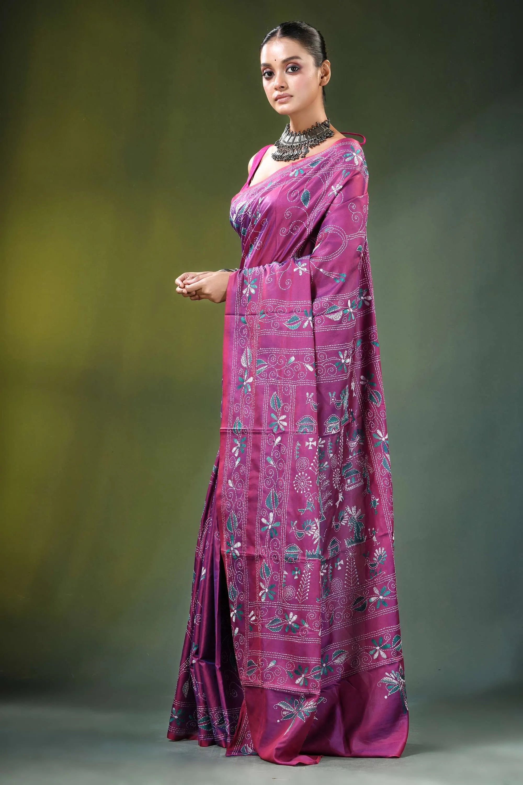 Wine purple folk art handcrafted silk kantha saree woman wears vibrant magenta 3