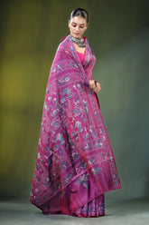 Wine purple folk art handcrafted silk kantha saree vibrant magenta intricate blue 4