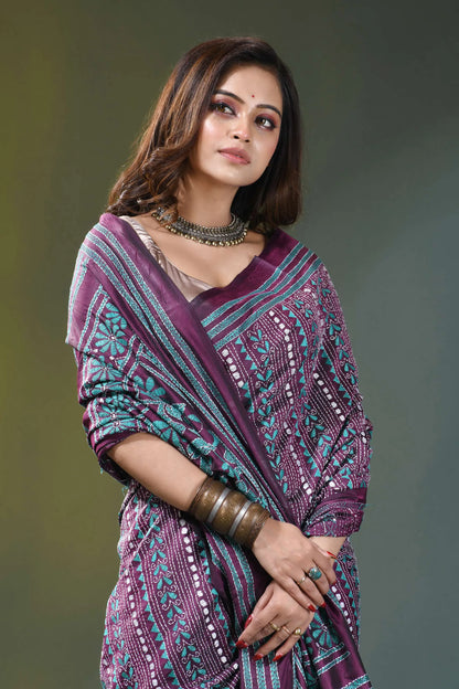 Wine purple geometric pattern handmade kantha silk saree woman wears richly patterned purple 2