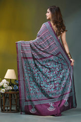 Wine purple geometric pattern handmade kantha silk saree richly patterned purple teal silk 5
