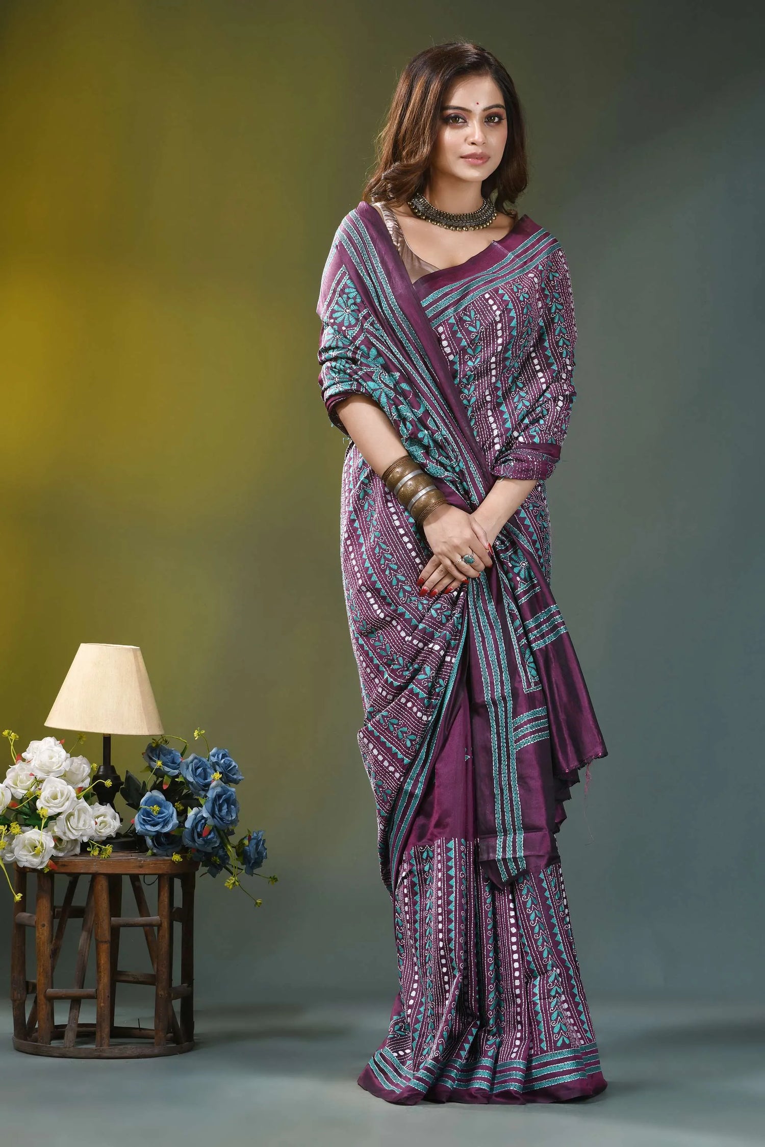 Wine purple geometric pattern handmade kantha silk saree woman wears vibrant purple teal 4