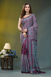 Wine purple geometric pattern handmade kantha silk saree woman wears maroon teal patterned 6