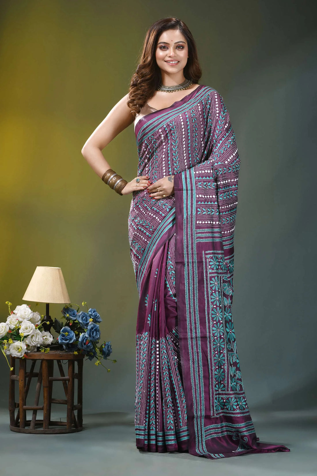 Wine purple geometric pattern handmade kantha silk saree woman wears richly patterned purple 1