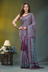 Wine purple geometric pattern handmade kantha silk saree woman wears richly patterned purple 1