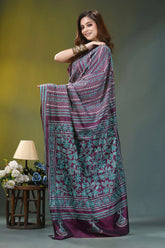 Wine purple geometric pattern handmade kantha silk saree woman wears richly patterned purple 3