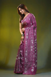 Wine purple handcrafted kantha silk saree with floral ethnic design 3