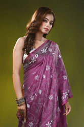 Wine purple handcrafted kantha silk saree with floral ethnic design 2