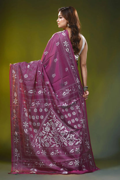 Wine purple handcrafted kantha silk saree with floral ethnic design 4