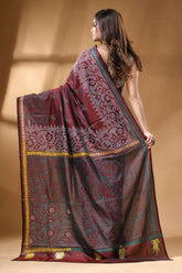 Wine red jamdani motif handcrafted silk kantha stitch saree maroon dark green handwoven saree 4