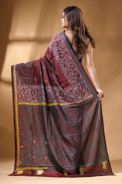 Wine red jamdani motif handcrafted silk kantha stitch saree maroon dark green handwoven saree 4
