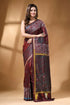 Wine red jamdani motif handcrafted silk kantha stitch saree maroon dark green silk saree 1