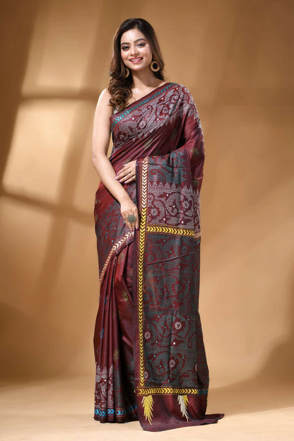 Wine red jamdani motif handcrafted silk kantha stitch saree maroon dark green printed saree 6