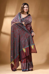 Wine red jamdani motif handcrafted silk kantha stitch saree rich maroon dark grey silk 5