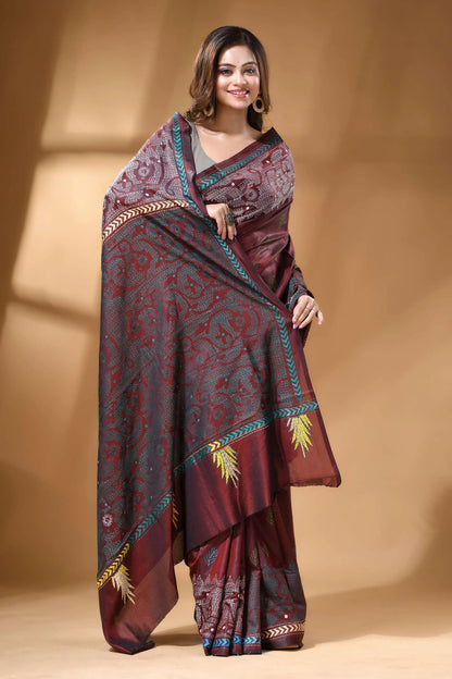 Wine red jamdani motif handcrafted silk kantha stitch saree rich maroon dark grey silk 5