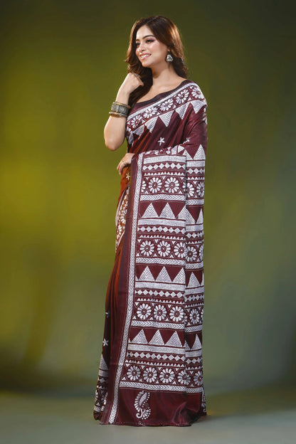 Wine red kantha embroidery silk saree with geometric floral design 3