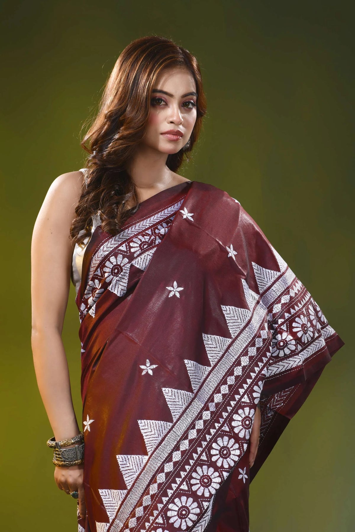 Wine red kantha embroidery silk saree with geometric floral design 2