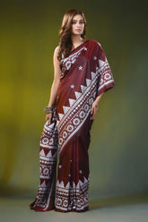 Wine red kantha embroidery silk saree with geometric floral design 4