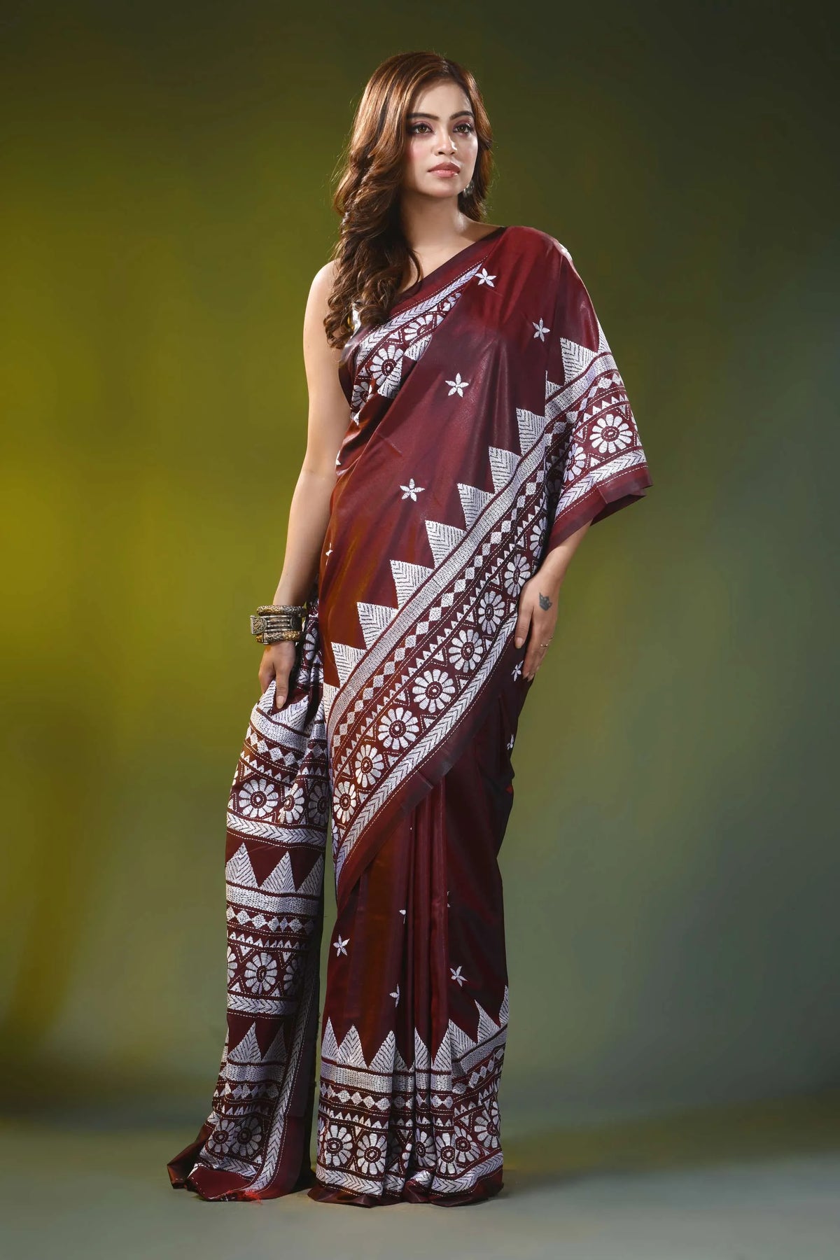 Wine red kantha embroidery silk saree with geometric floral design 4