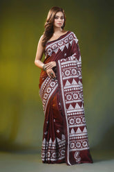 Wine red kantha embroidery silk saree with geometric floral design 6
