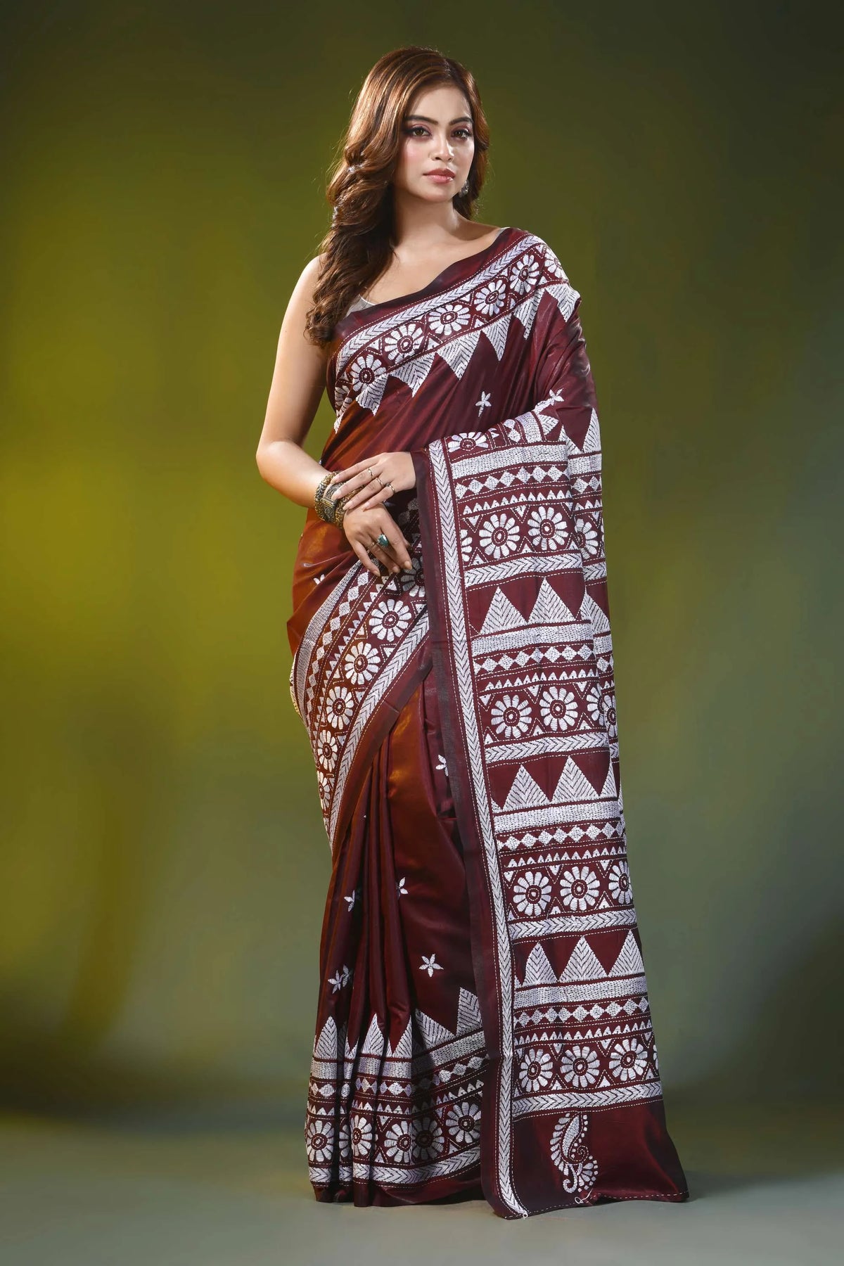 Wine red kantha embroidery silk saree with geometric floral design 6