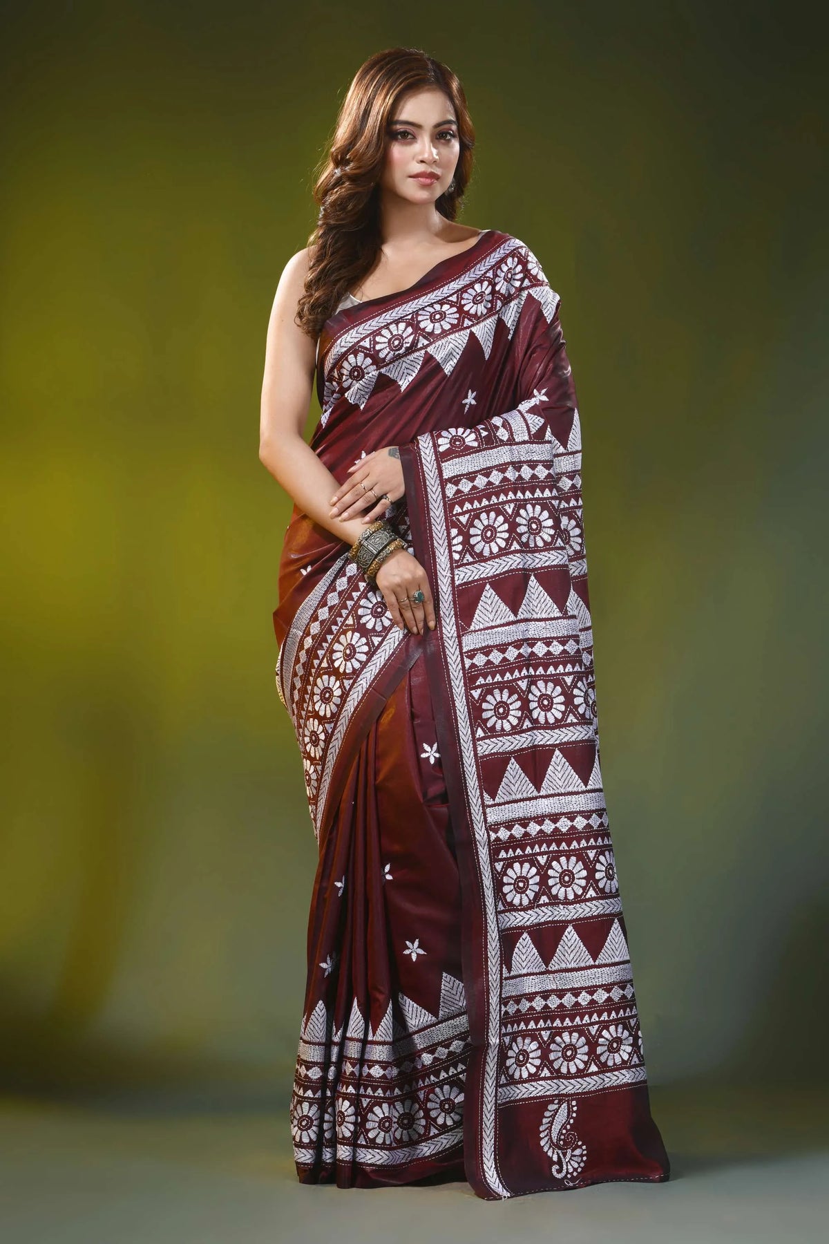 Wine red kantha embroidery silk saree with geometric floral design 1