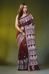 Wine red kantha embroidery silk saree with geometric floral design 1