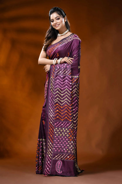 Wine silk gujrati stitch saree with ethnic chevron design mirror work 3