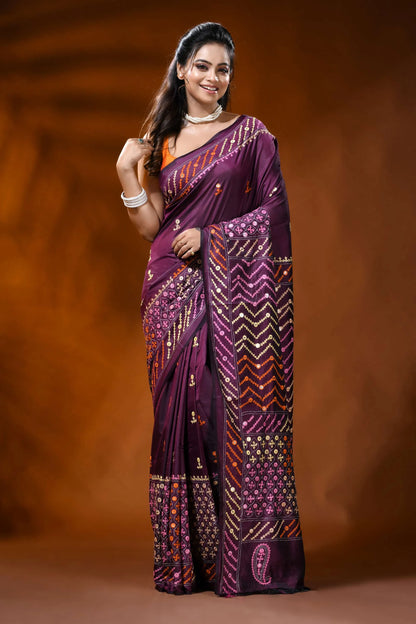 Wine silk gujrati stitch saree with ethnic chevron design mirror work 1