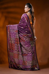 Wine silk gujrati stitch saree with ethnic chevron design mirror work 5
