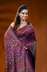 Wine silk gujrati stitch saree with ethnic chevron design mirror work 2