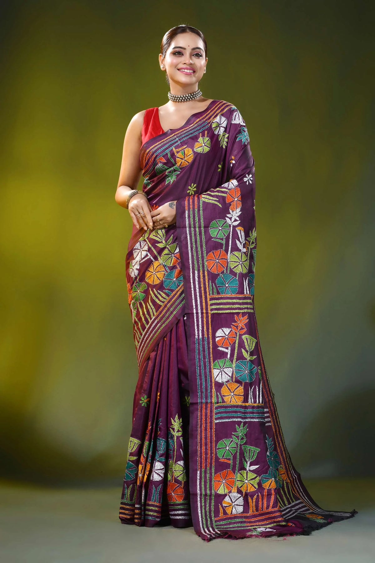 Wine silk kantha embroidery saree with multicolor floral motif 6