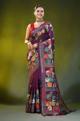 Wine silk kantha embroidery saree with multicolor floral motif 6