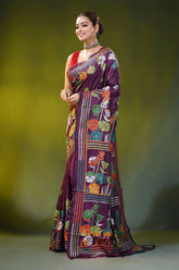 Wine silk kantha embroidery saree with multicolor floral motif 3
