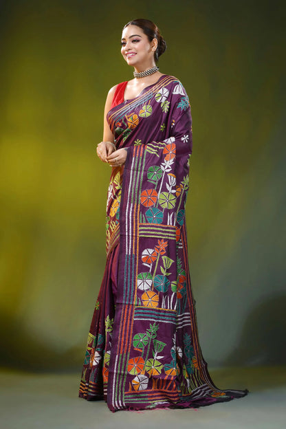 Wine silk kantha embroidery saree with multicolor floral motif 3