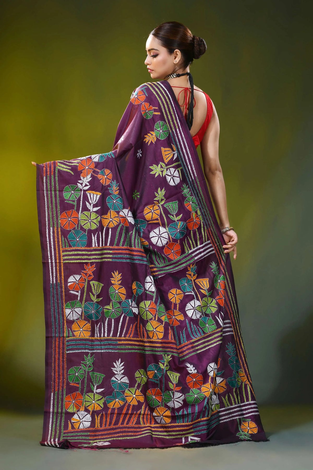 Wine silk kantha embroidery saree with multicolor floral motif 5