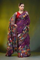 Wine silk kantha embroidery saree with multicolor floral motif 4