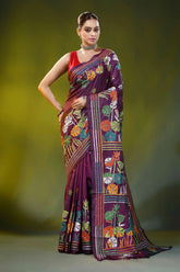 Wine silk kantha embroidery saree with multicolor floral motif 1