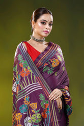 Wine silk kantha embroidery saree with multicolor floral motif 2