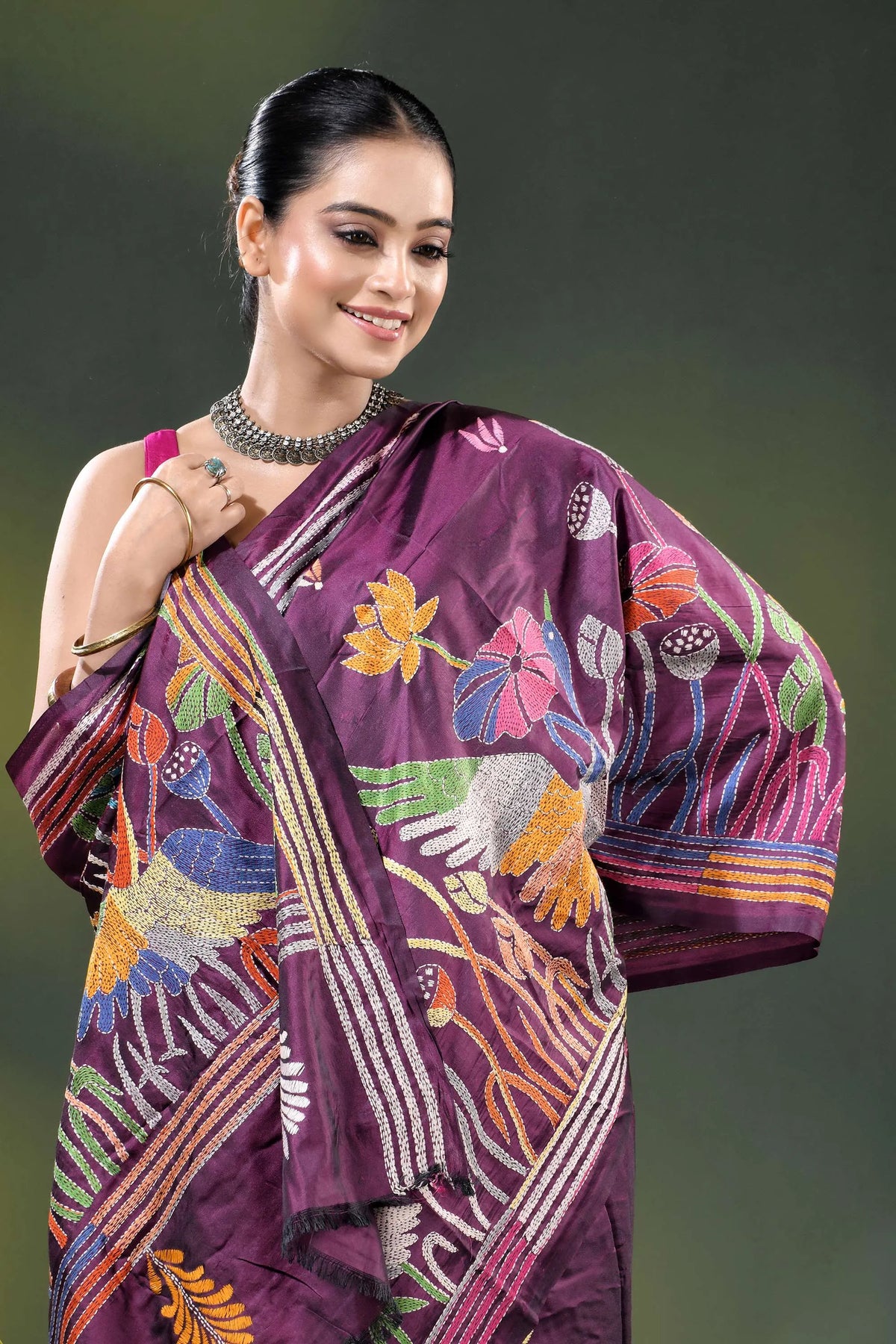 Wine silk kantha saree with hand embroidered flora and fauna theme 2