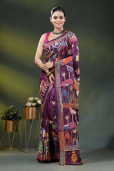 Wine silk kantha saree with hand embroidered flora and fauna theme 1