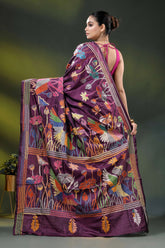 Wine silk kantha saree with hand embroidered flora and fauna theme 5