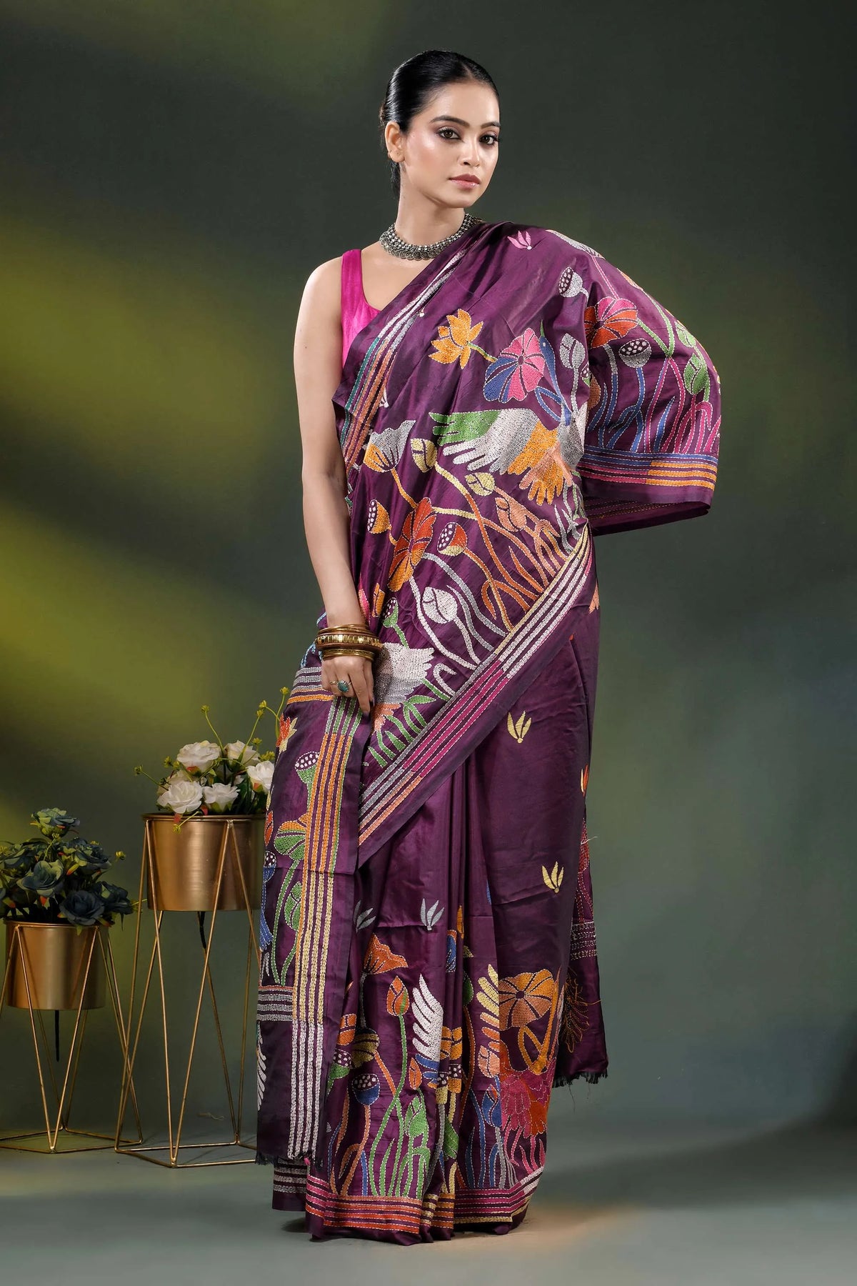 Wine silk kantha saree with hand embroidered flora and fauna theme 4